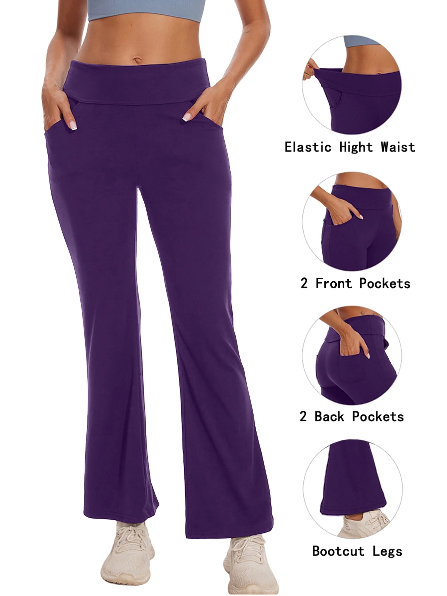Womens Yoga Pants Flare Legging with Pockets Bootcut High Waist Lightweight Bottoms Workout Activewear Purple 3XL
