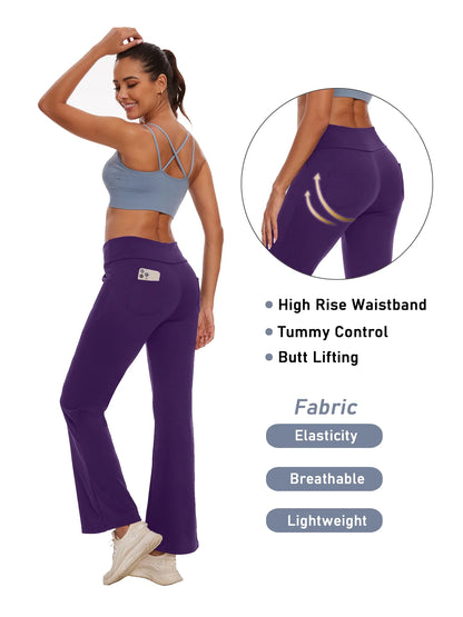 Womens Yoga Pants Flare Legging with Pockets Bootcut High Waist Lightweight Bottoms Workout Activewear Purple 3XL